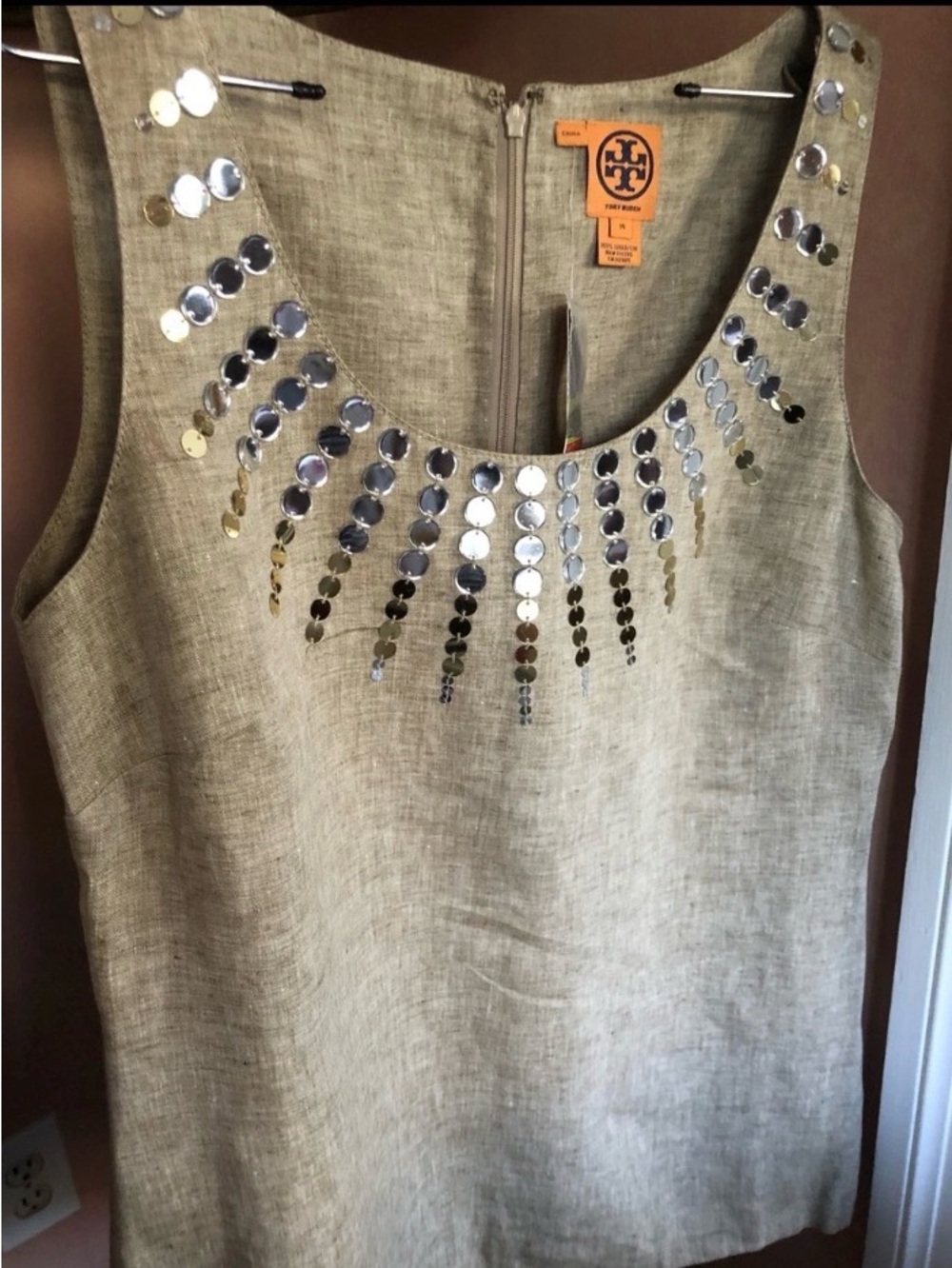 NWOT Tory Burch 100% Linen Sequin Embellished Sleeveless Blouse Size 12 - Picture 7 of 10